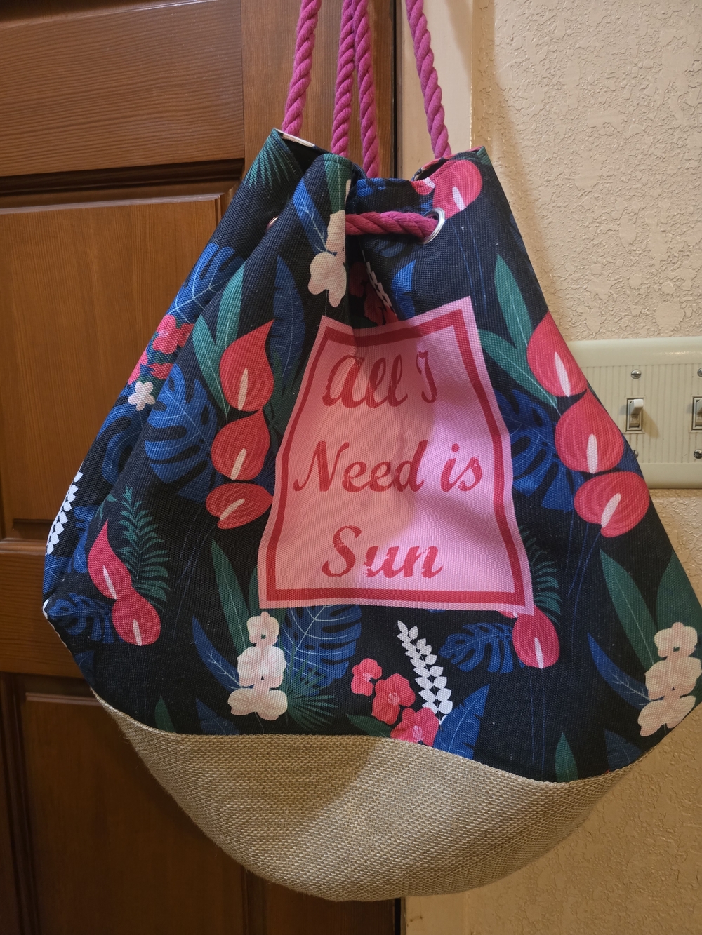 Tropical Rope-Handle Drawstring Beach Bag - Pink Accents
